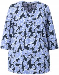 Ulla Popken Floral Print 3/4 Sleeve V-Neck Tee Navy Blue