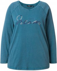 Ulla Popken Dream Rhinestone Lettering Long Sleeve Tee Teal