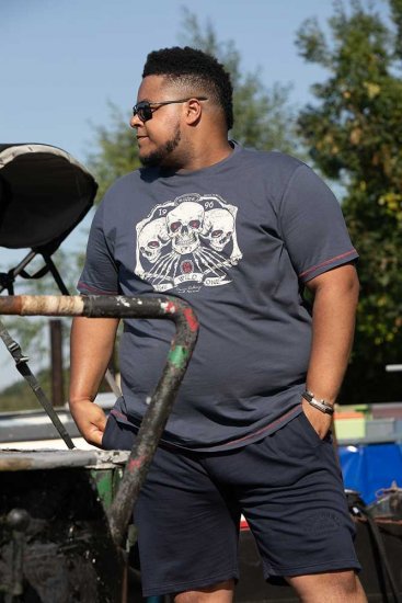 D555 COOK Trio Of Skulls Printed Crew Neck T-Shirt Slate Blue - T-shirts - Stora T-shirts - 2XL-14XL