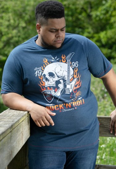 D555 NEAL Skull With Flames Printed Crew Neck T-Shirt Navy/Blue Twist - T-shirts - Stora T-shirts - 2XL-14XL