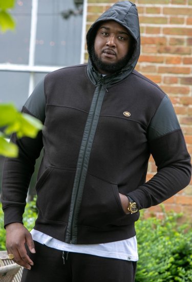 D555 DEAN Couture Zip Through Hoody With Woven Contrast Fabric Trim Black - Tröjor & hoodies - Stora hoodies & tröjor - 2XL-14XL