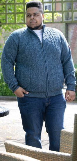 D555 ECCLES Cable Knitted Zip Through Sweater With Bonded Check Lining Denim Marl - Tröjor & hoodies - Stora hoodies & tröjor - 2XL-14XL