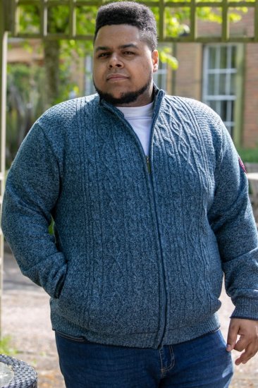 D555 ECCLES Cable Knitted Zip Through Sweater With Bonded Check Lining Denim Marl - Tröjor & hoodies - Stora hoodies & tröjor - 2XL-14XL