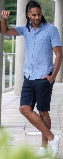 D555 Falmouth 1 Linen Mix Short Sleeve Shirt With Button Down Blue - Skjortor - Stora skjortor - 2XL-8XL