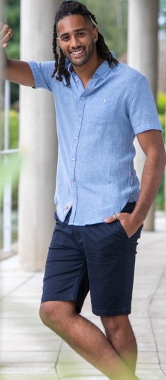 D555 Falmouth 1 Linen Mix Short Sleeve Shirt With Button Down Blue - Skjortor - Stora skjortor - 2XL-8XL