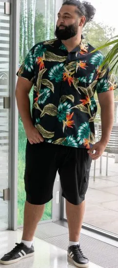 D555 Selby Hawaiian AOP Short Sleeve Revere Collar Shirt Black - Skjortor - Stora skjortor - 2XL-8XL