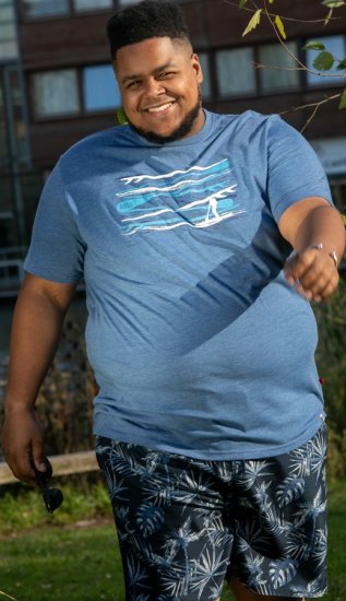 D555 Cardiff Surfer And Waves Printed Crew Neck T-shirt Denim Marl - T-shirts - Stora T-shirts - 2XL-14XL