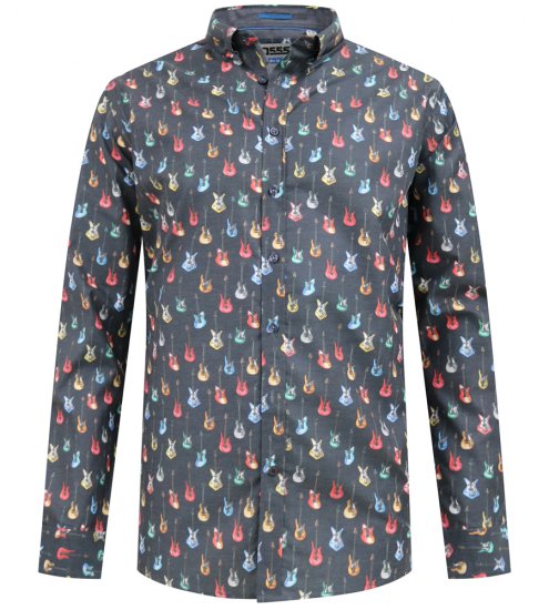 D555 Wakefield Long Sleeve AOP Guitar Printed Shirt Grey - Skjortor - Stora skjortor - 2XL-8XL