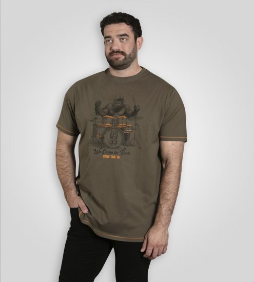 D555 Stockton Gorilla Playing Drums Crew Neck T-Shirt Khaki - T-shirts - Stora T-shirts - 2XL-14XL