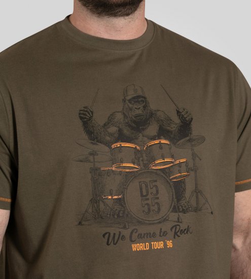 D555 Stockton Gorilla Playing Drums Crew Neck T-Shirt Khaki - T-shirts - Stora T-shirts - 2XL-14XL