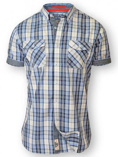 D555 FIDEL Twin Pocket Short Sleeve Blue & Ecru Check Shirt - Skjortor - Stora skjortor - 2XL-8XL
