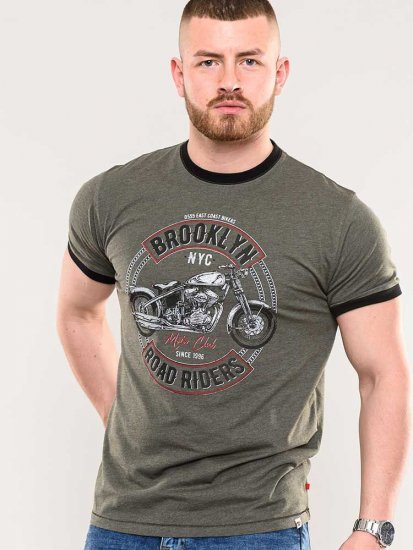 D555 Hereford Brooklyn Motorbike Printed Ringer T-Shirt Khaki - T-shirts - Stora T-shirts - 2XL-14XL