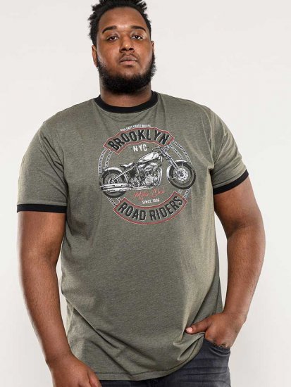 D555 Hereford Brooklyn Motorbike Printed Ringer T-Shirt Khaki - T-shirts - Stora T-shirts - 2XL-14XL