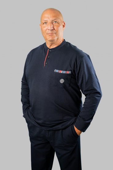 20 Nodi Long Pajamas in Stretch Fleece Cotton with Serafino Collar and Jacket with Pocket and Side Slits Navy - Pyjamas/Loungewear - Pyjamas för herrar i stora storlekar