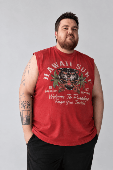 Kam Jeans 5763 Hawaii Surf Vest Sleeveless T-Shirt Washed Red - T-shirts - Stora T-shirts - 2XL-14XL