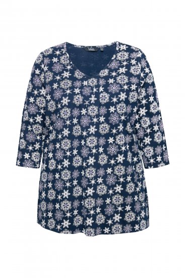 Ulla Popken Snowflake Print 3/4 Sleeve A-Line Tee Navy - Tryckta T-shirts för dam i stora storlekar - 