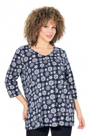 Ulla Popken Snowflake Print 3/4 Sleeve A-Line Tee Navy - Tryckta T-shirts för dam i stora storlekar - 