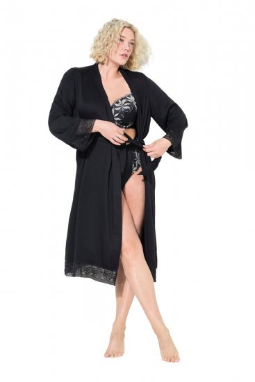 Ulla Popken 834837 Kimono-morgonrock med spets Svart - Morgonrockar & badrockar - 