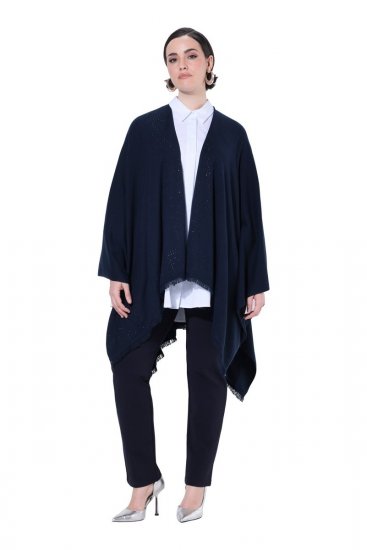 Ulla Popken 841117 Oversize stickponcho med strass Mörkblå - Ponchos & capes - 