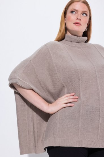 Ulla Popken 844996 Ribbstickad merinoponcho med polokrage Ljusbrun - Ponchos & capes - 