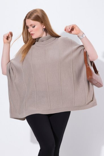 Ulla Popken 844996 Ribbstickad merinoponcho med polokrage Ljusbrun - Ponchos & capes - 