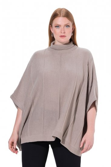 Ulla Popken 844996 Ribbstickad merinoponcho med polokrage Ljusbrun - Ponchos & capes - 