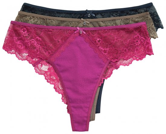 Ulla Popken 848522 Stringtrosor med spets 3-pack Mörklila - Trosor - 