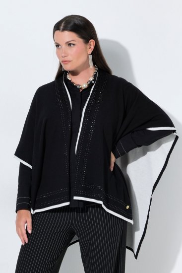 Ulla Popken 851127 Öppen stickponcho med strasskant Svart - Ponchos & capes - 