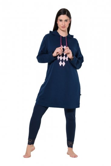 Ulla Popken 851749 Rutig mysklänning med huva Mörkblå - Pyjamas/Loungewear - 