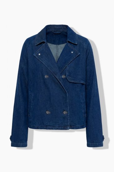 Ulla Popken 852266 Dubbelknäppt jeansjacka i trenchstil Denimblå - Jackor - Damjackor i stora storlekar