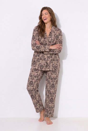 Ulla Popken 852649 Mönstrad pyjamas med skjortkrage Brun - Pyjamas/Loungewear - 