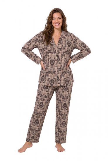 Ulla Popken 852649 Mönstrad pyjamas med skjortkrage Brun - Pyjamas/Loungewear - 