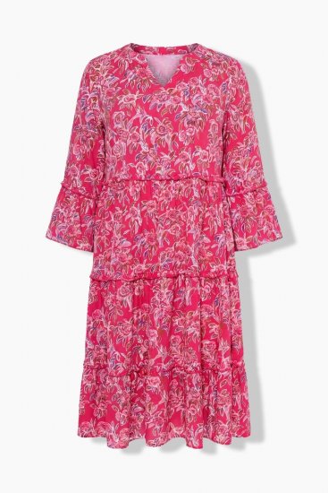 Ulla Popken 852841 Blommig klänning med volanger Magenta - Midiklänningar - Midiklänningar för dam i stora storlekar