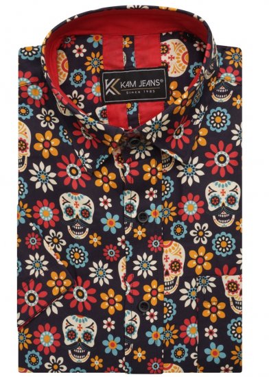 Kam Jeans 6040 Floral Skull Print Shirt Black - Skjortor - Stora skjortor - 2XL-8XL