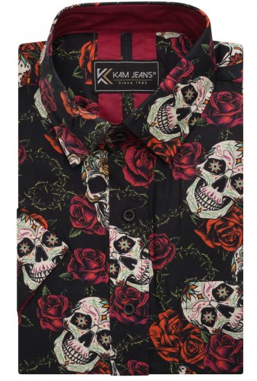 Kam Jeans 6042 Rose Skull Digital Print Shirt Black - Skjortor - Stora skjortor - 2XL-8XL