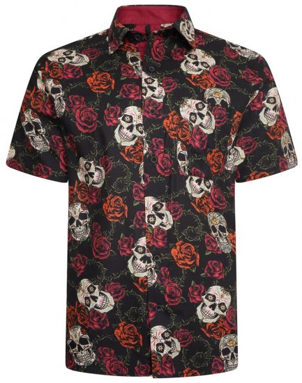Kam Jeans 6042 Rose Skull Digital Print Shirt Black - Skjortor - Stora skjortor - 2XL-8XL