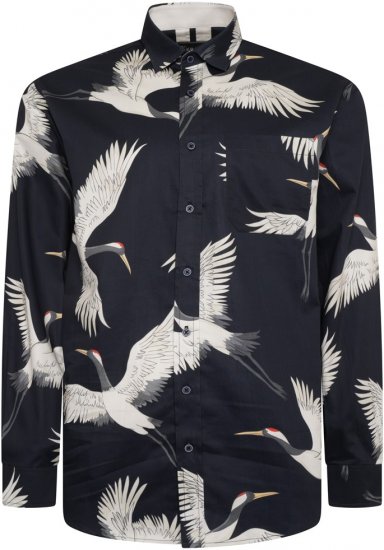 Kam Jeans 6059 LS Bird Print Shirt Navy - Skjortor - Stora skjortor - 2XL-8XL