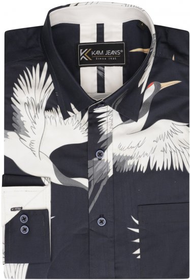 Kam Jeans 6059 LS Bird Print Shirt Navy - Skjortor - Stora skjortor - 2XL-8XL