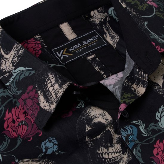 Kam Jean 6074 Kortärmad Skjorta med Dödskalletryck Svart - Skjortor - Stora skjortor - 2XL-8XL