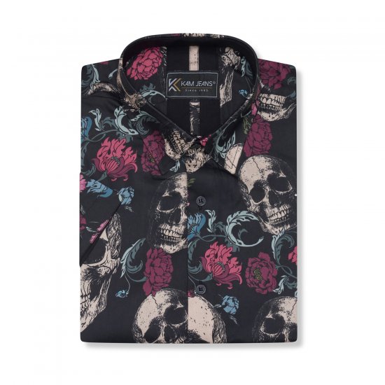 Kam Jean 6074 Kortärmad Skjorta med Dödskalletryck Svart - Skjortor - Stora skjortor - 2XL-8XL