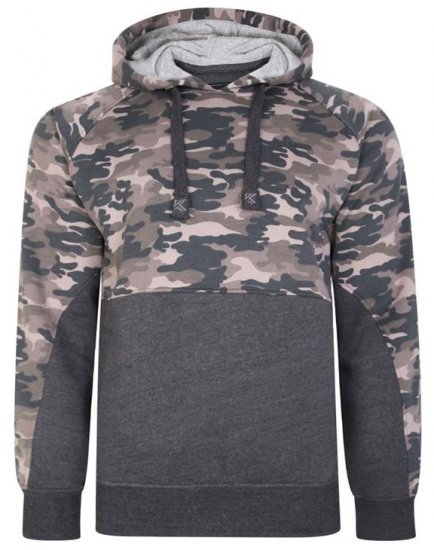 Kam Jeans 7036B Camo Pannelled Over The Head Hoody Charcoal - Tröjor & hoodies - Stora hoodies & tröjor - 2XL-14XL