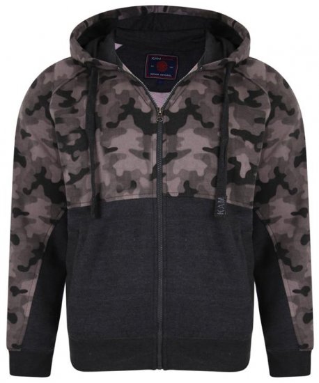 Kam Jeans 7036 Camo Print Full Zipper Hoodie Charcoal - Tröjor & Hoodies - Stora hoodies - 2XL-8XL