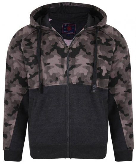 Kam Jeans 7036 Camo Print Full Zipper Hoodie Charcoal - Tröjor & hoodies - Stora hoodies & tröjor - 2XL-14XL