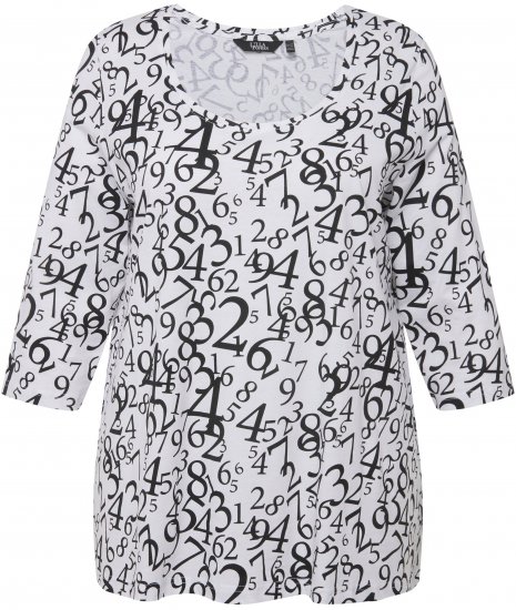 Ulla Popken Number Print 3/4 Sleeve Tee Snow White - Tryckta T-shirts för dam i stora storlekar - 