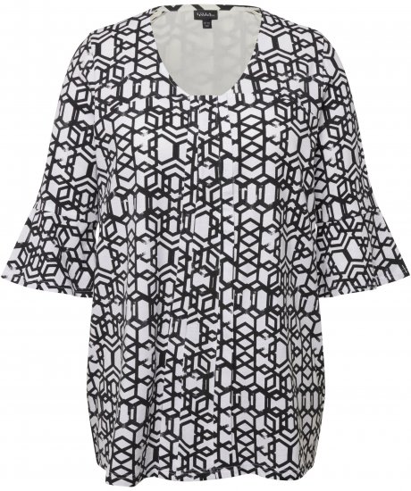 Ulla Popken Geometric Print Trumpet Sleeve Tee Black - Tryckta T-shirts för dam i stora storlekar - 