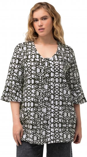 Ulla Popken Geometric Print Trumpet Sleeve Tee Black - Tryckta T-shirts för dam i stora storlekar - 