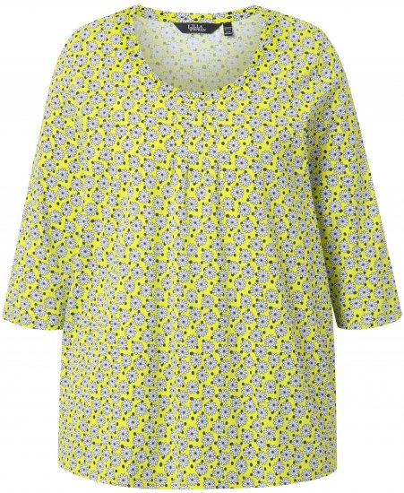Ulla Popken Flower Print 3/4 Sleeve A-Line Tee Lime - Tryckta T-shirts för dam i stora storlekar - 