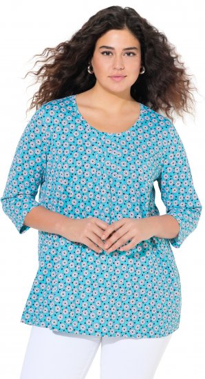 Ulla Popken Flower Print 3/4 Sleeve A-Line Tee Deep Aqua - Tryckta T-shirts för dam i stora storlekar - 
