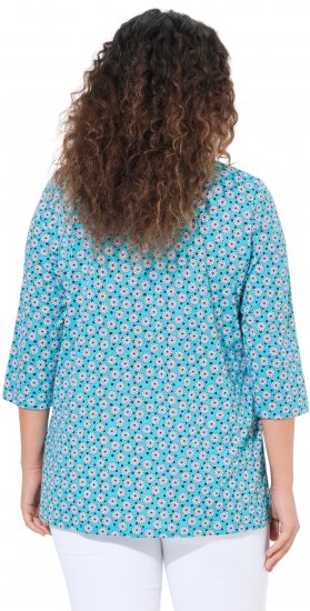 Ulla Popken Flower Print 3/4 Sleeve A-Line Tee Deep Aqua - Tryckta T-shirts för dam i stora storlekar - 