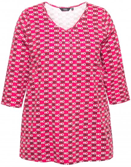 Ulla Popken Minimalist Ho Ho Ho Print 3/4 Sleeve Tee Salsa Red - Tryckta T-shirts för dam i stora storlekar - 